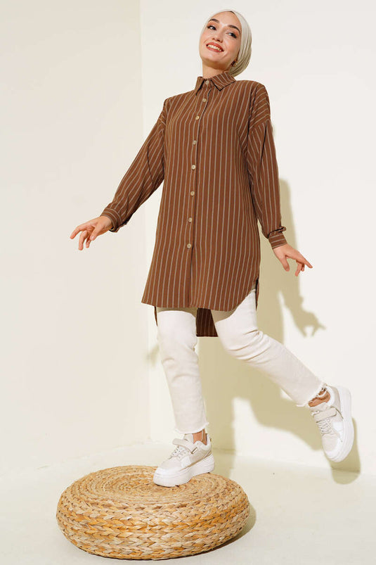 Chemise longue rayée marron