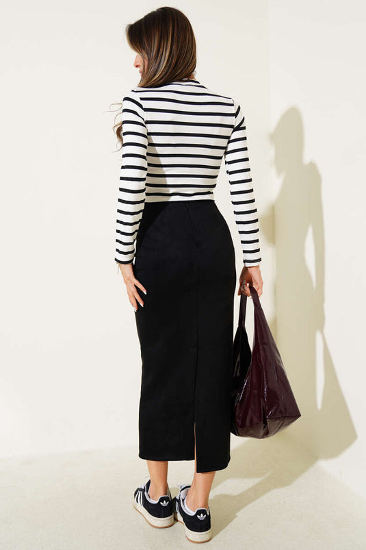 Striped Long Sleeve Crop Top Black