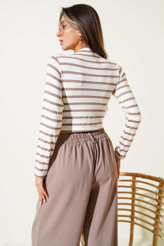 Çizgili Uzun Kol Crop Vizon