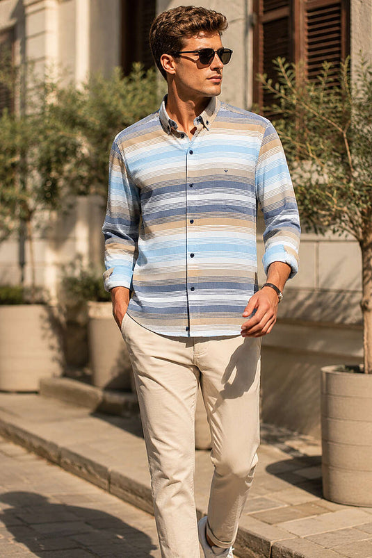 Çizgili Uzun Kol Slim Fit Erkek Gömlek Bej