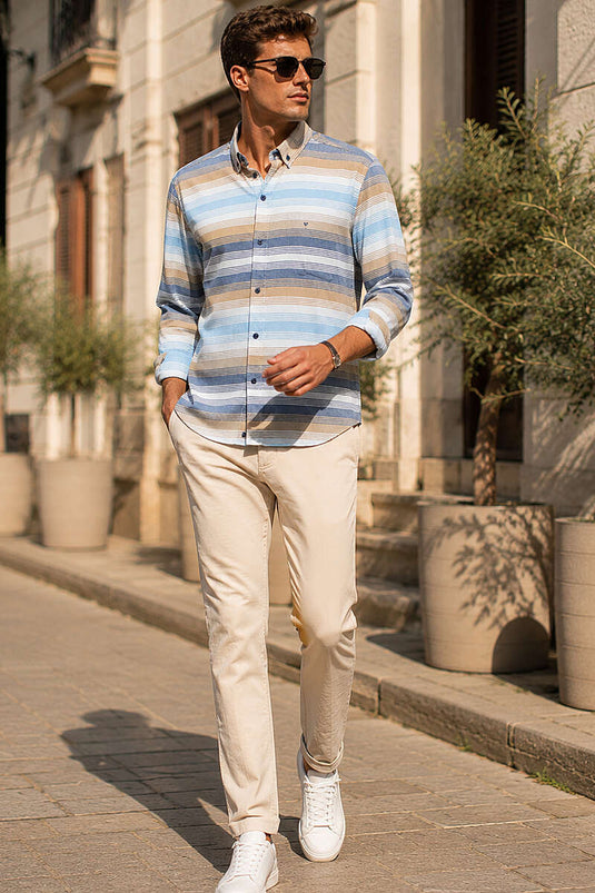 Çizgili Uzun Kol Slim Fit Erkek Gömlek Bej