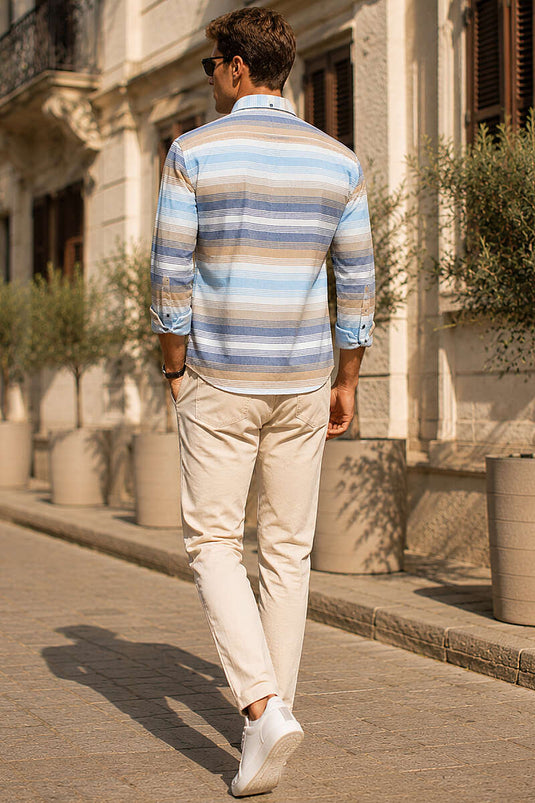 Çizgili Uzun Kol Slim Fit Erkek Gömlek Bej