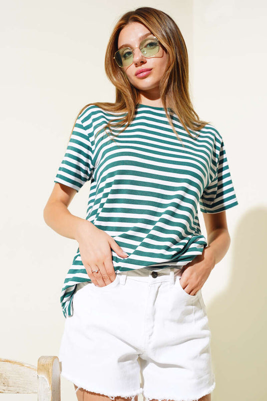 T-shirt ample rayé en viscose émeraude