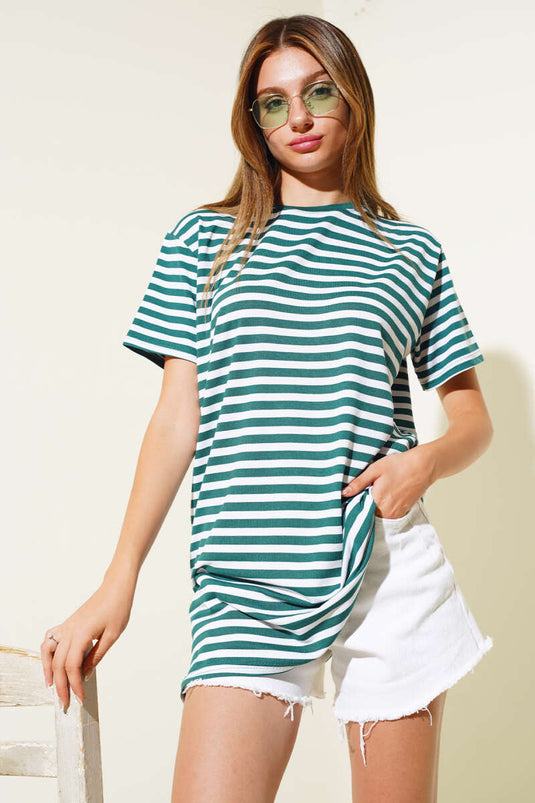 T-shirt ample rayé en viscose émeraude