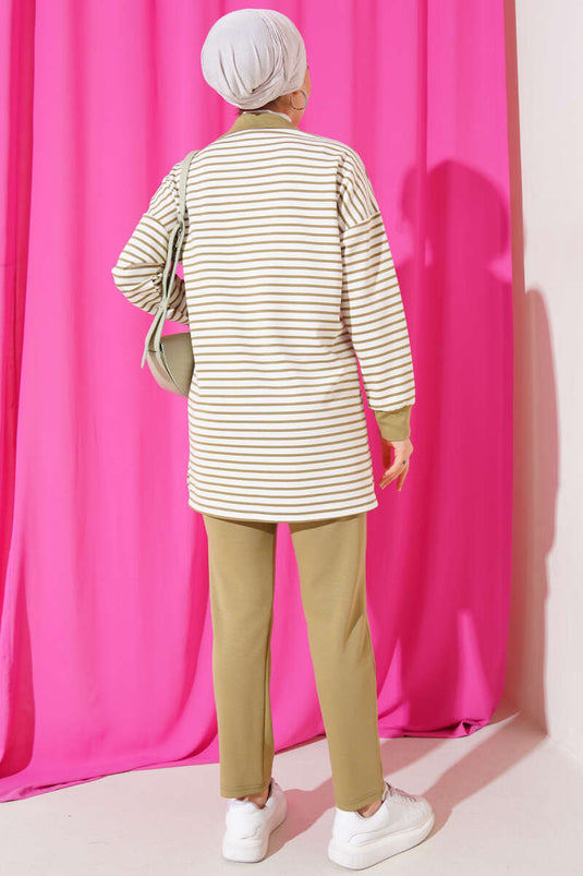 Çizgili Yakası Yarım Fermuarlı İkili Takım Nefti