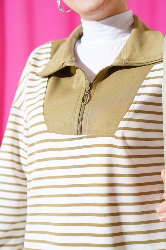 Çizgili Yakası Yarım Fermuarlı İkili Takım Nefti