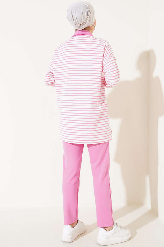 Striped Half-Zip Collar Two-Piece Set Pink