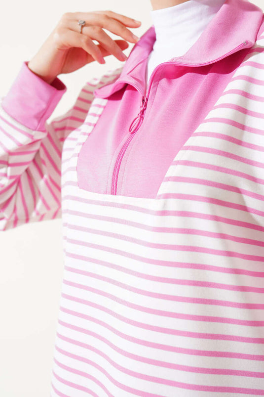 Striped Half-Zip Collar Two-Piece Set Pink