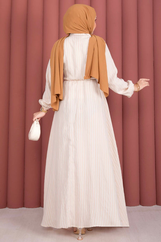 Robe modeste à rayures avec lien latéral beige
