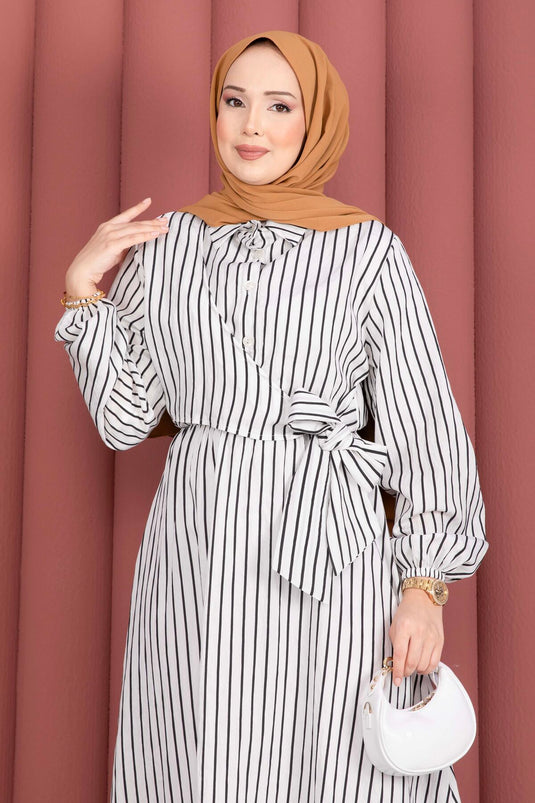 Robe modeste à rayures avec lien latéral blanche