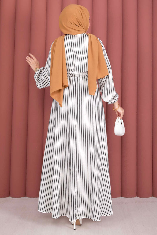 Robe modeste à rayures avec lien latéral blanche