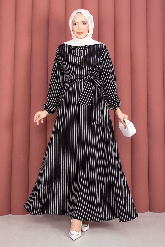 Robe modeste à rayures avec lien latéral noire