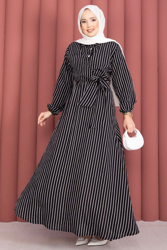 Striped Side-Tied Modest Dress Black