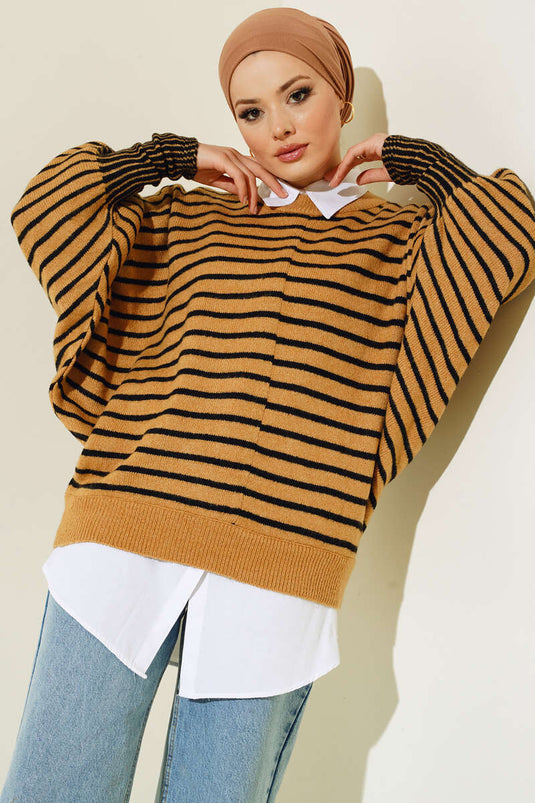 Maglione in maglia con maniche a pipistrello a righe Latte