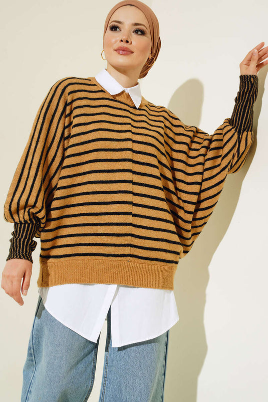 Maglione in maglia con maniche a pipistrello a righe Latte