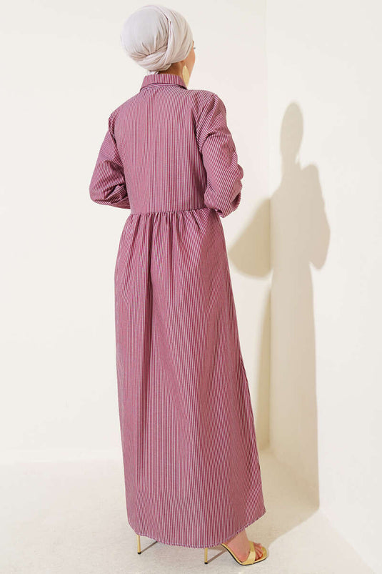 Striped Half-Button Tie Dress Burgundy