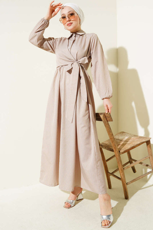 Striped Half Button Tie Dress Latte