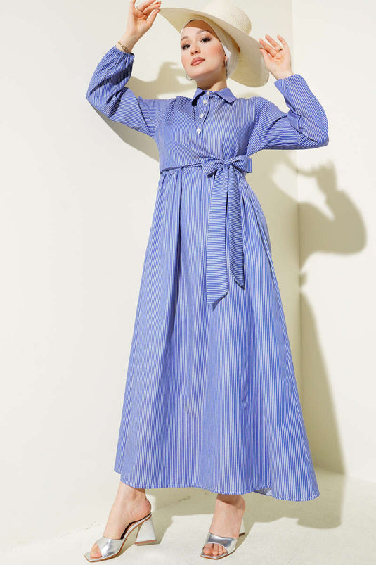 Striped Half Buttoned Tie Dress Saxe