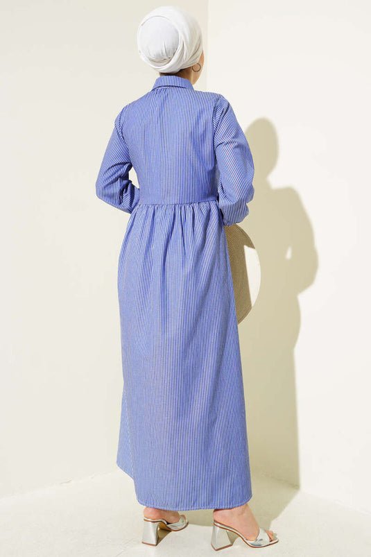 Striped Half Buttoned Tie Dress Saxe