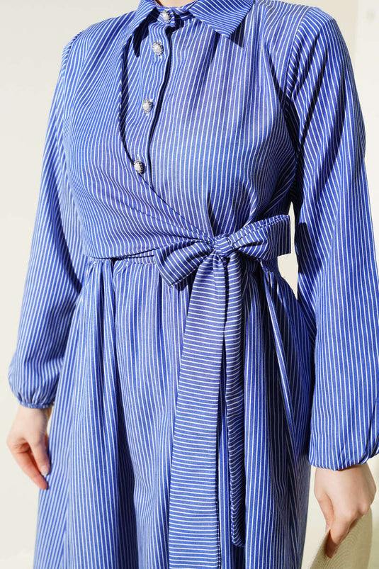 Striped Half Buttoned Tie Dress Saxe