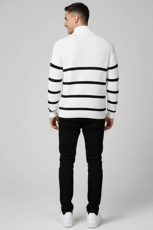 Suéter de punto a rayas con media cremallera para hombre, color crudo