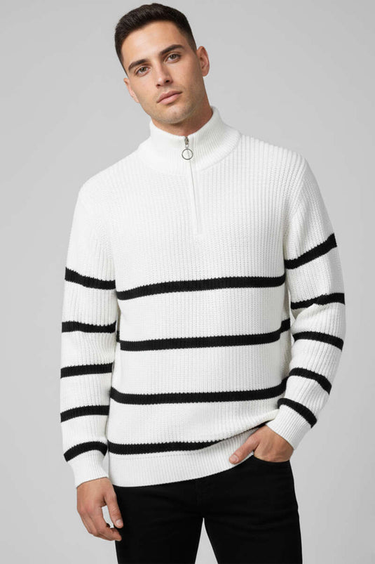 Pull rayé à demi-zip pour homme, en maille écru