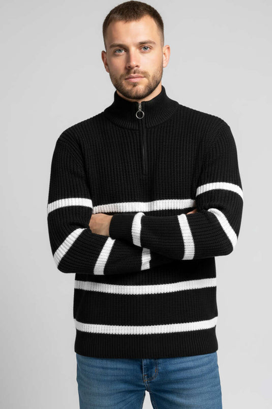 Pull rayé à demi-zip pour homme, en maille noire