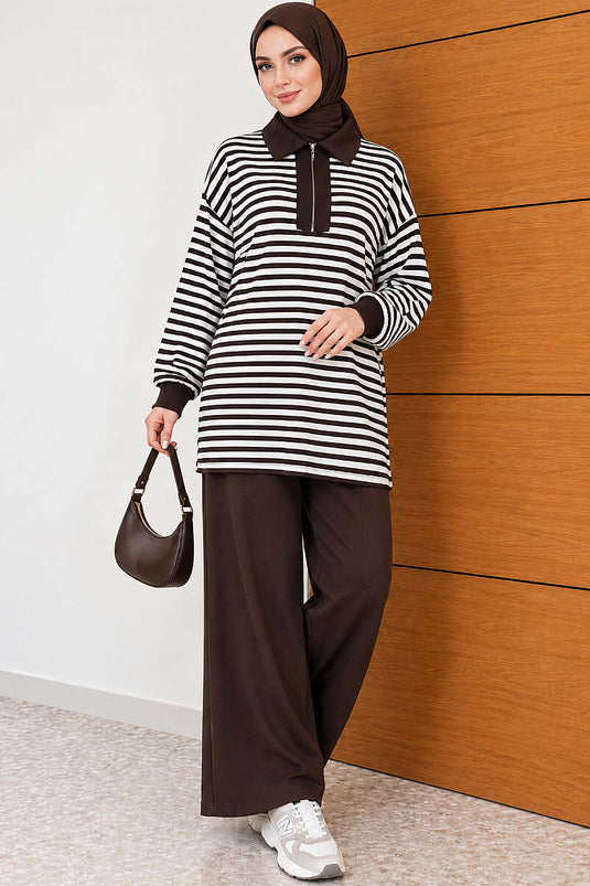 Striped Half-Zip Lounge Two-Piece Set Coffee