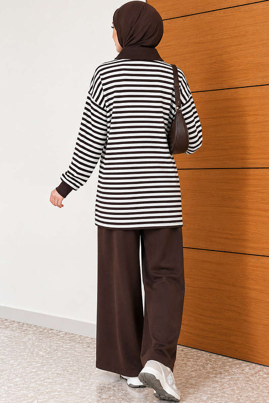Striped Half-Zip Lounge Two-Piece Set Coffee