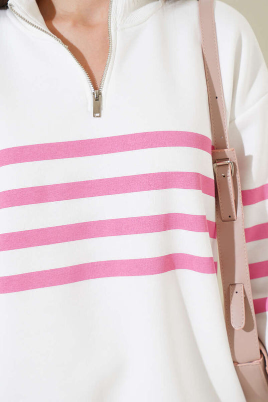 سويت شيرت مخطط بنصف سحاب أبيض وردي