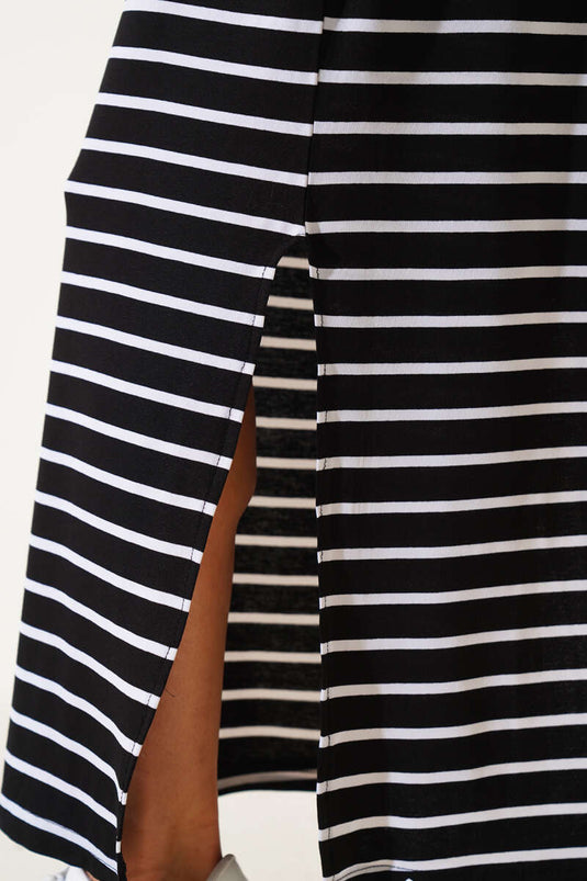 Striped Dress with Slit, Black