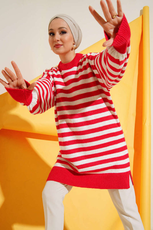 Striped Soft Knit Tunic Red