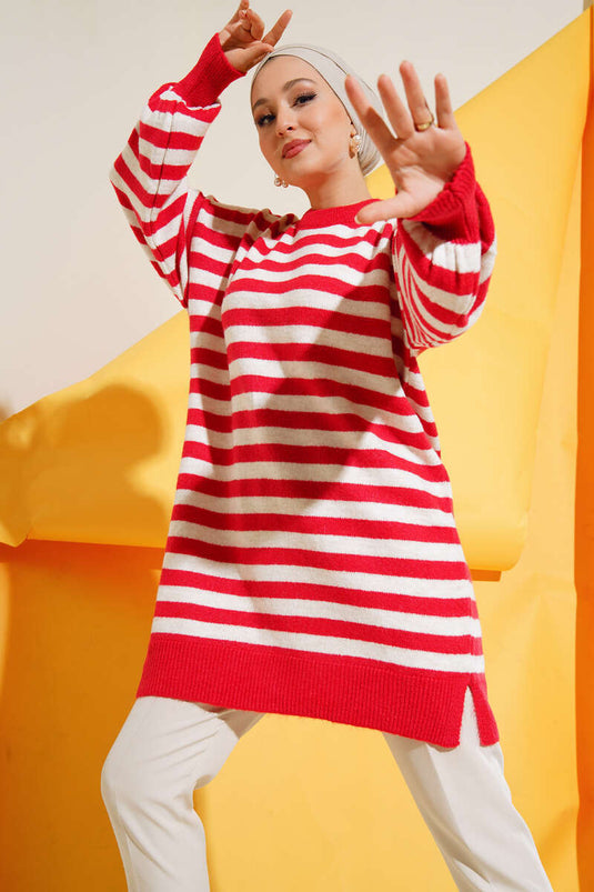 Striped Soft Knit Tunic Red