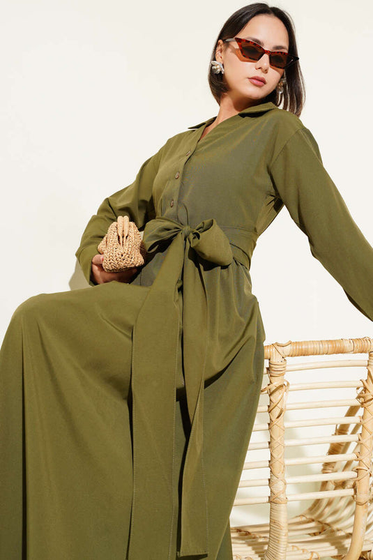 Yarım Düğmeli Bağlamalı Terikoton Elbise Haki