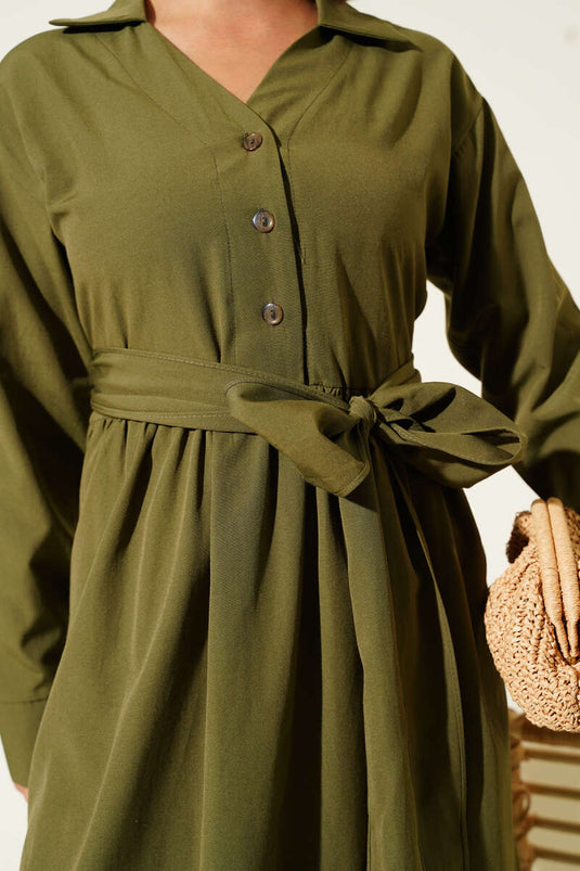 Yarım Düğmeli Bağlamalı Terikoton Elbise Haki