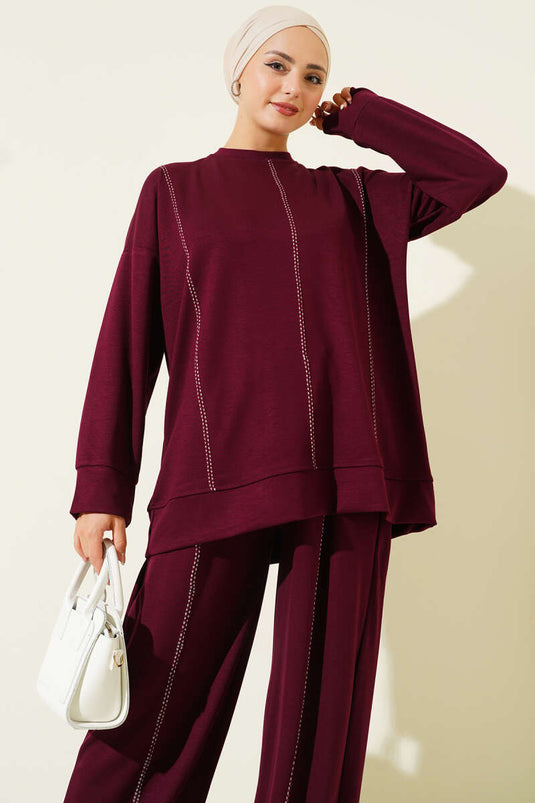 طقم لويشا من قطعتين بتفاصيل غرزة الراعي، لون عنابي