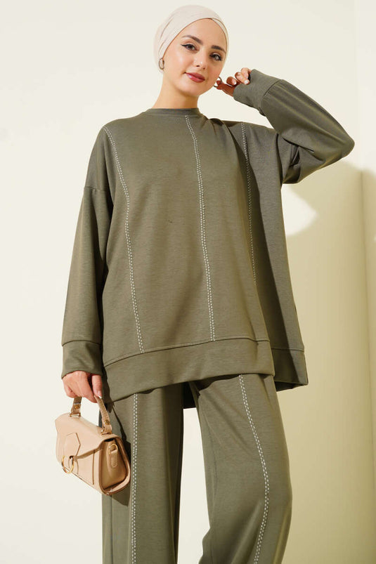 طقم لويشا من قطعتين بتفاصيل غرزة الراعي، لون كاكي