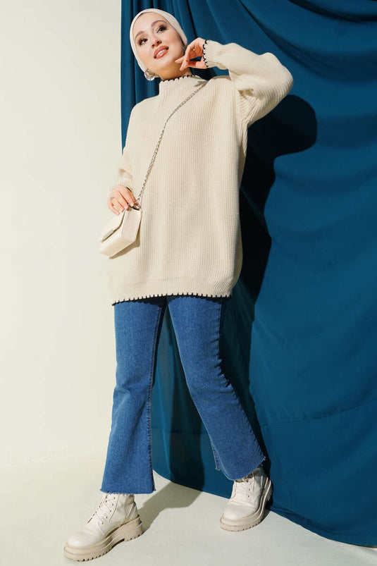 Tunique tricotée beige à détails de point de berger