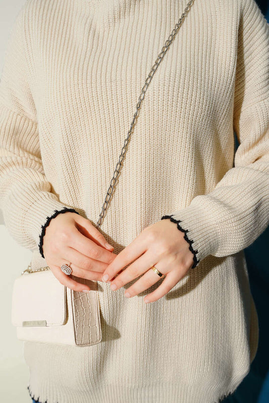 Çoban Dikiş Detaylı Triko Tunik Bej