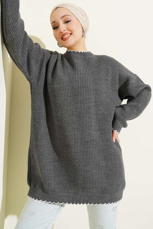 Shepherd's Stitch Detail Knitted Tunic, Smoke Grey