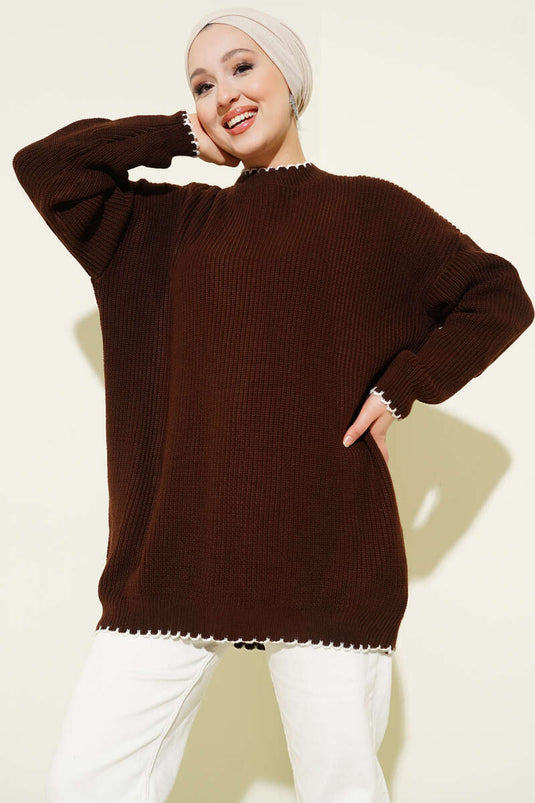 Shepherd's Stitch Detail Knitted Tunic, Brown