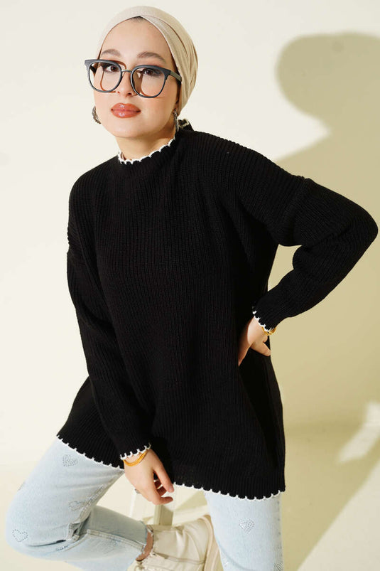 Çoban Dikiş Detaylı Triko Tunik Siyah