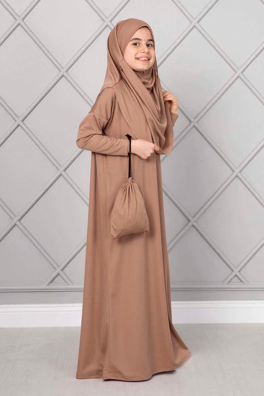 Robe de prière pour enfants Hijab marron lait