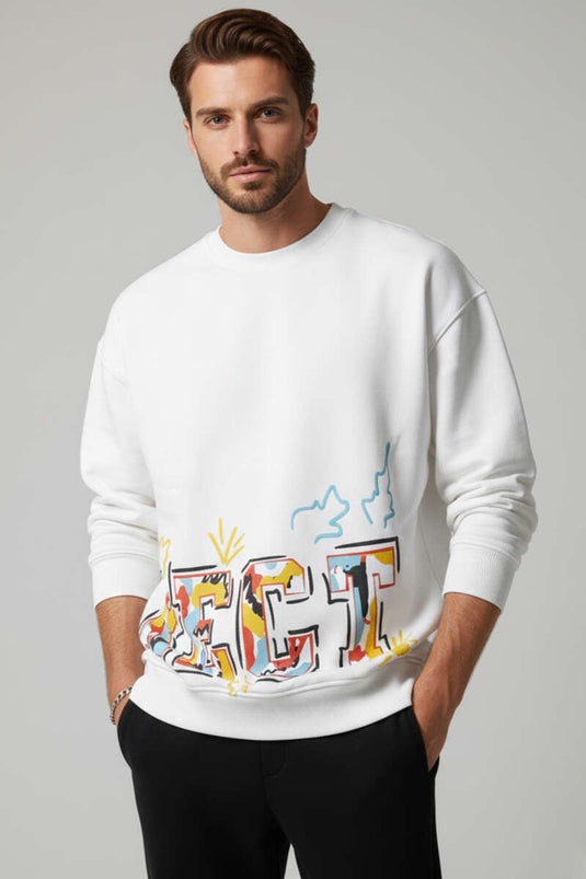 سويت شيرت رجالي مطبوع بثلاثة خيوط، لون بيج فاتح