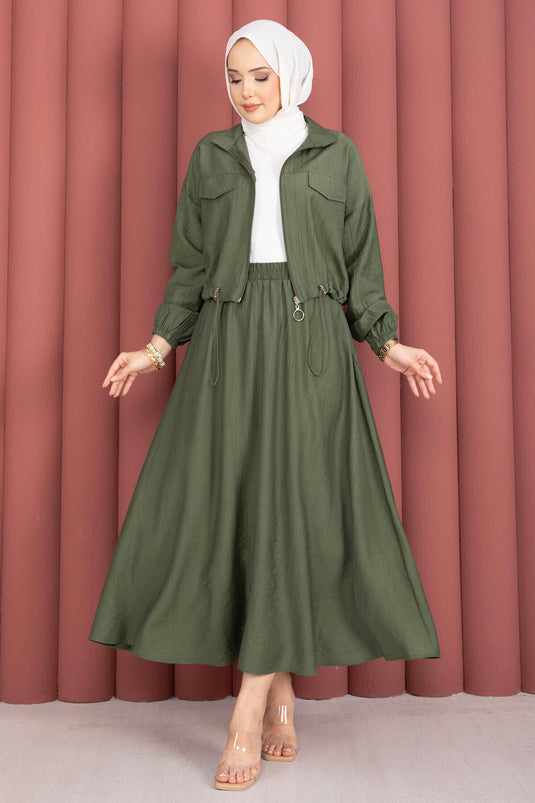 Crop Jacket and Skirt Sports Set Khaki