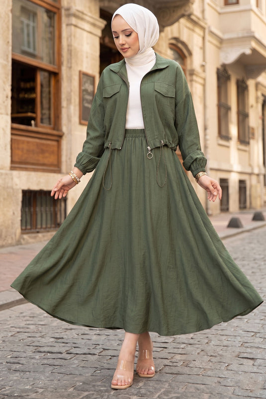 Crop Jacket and Skirt Sports Set Khaki