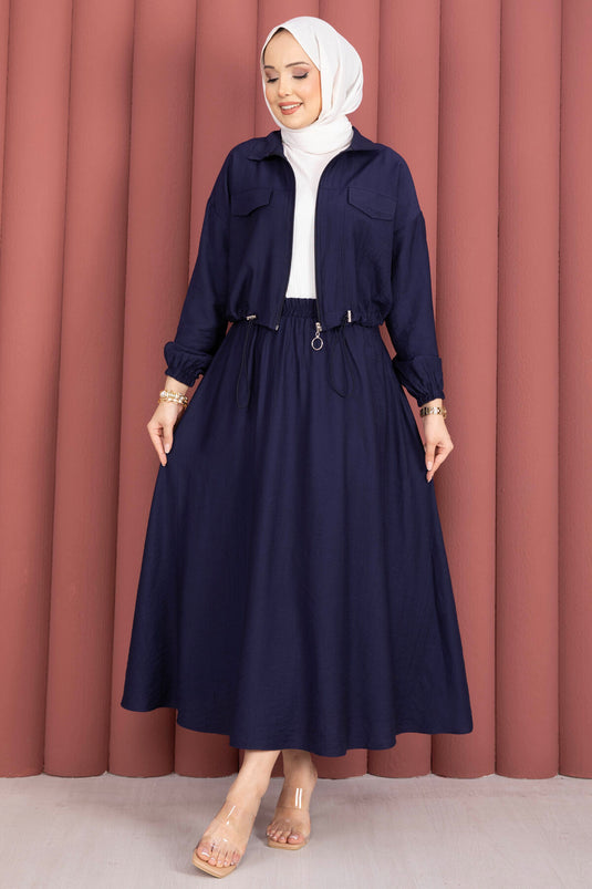 Ensemble sport crop veste et jupe bleu marine