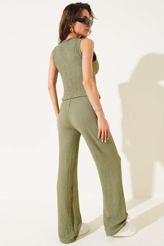 Crop Yelekli Düğmeli Gofre İkili Takım Çağla Yeşili