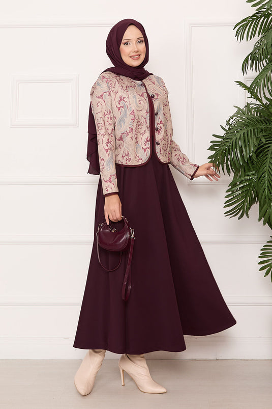 Maroon Cropped Jacket and Skirt Set