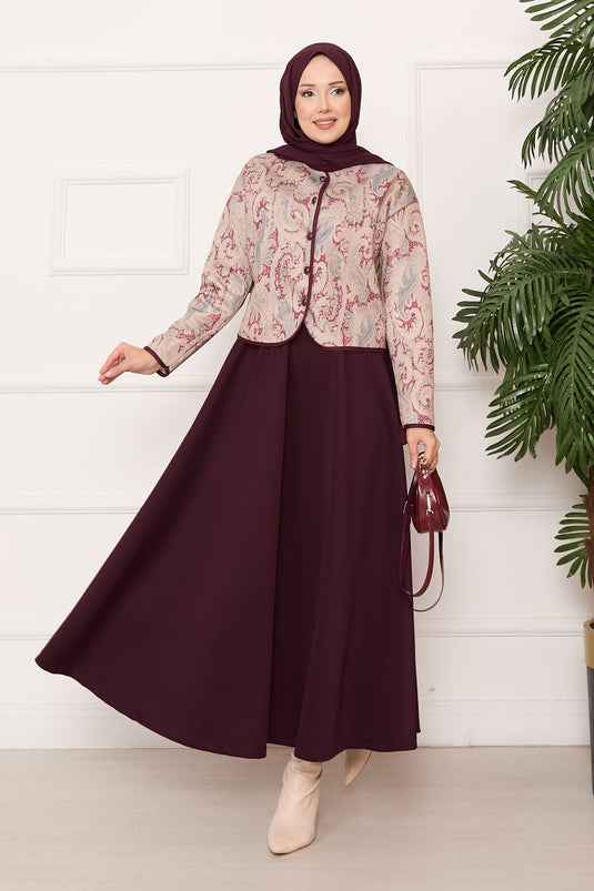 Maroon Cropped Jacket and Skirt Set
